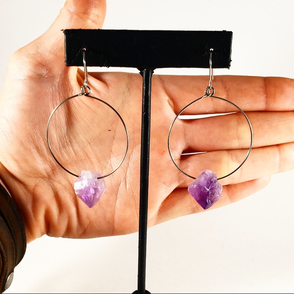 Amethyst Crystal Hoop Earrings - Picture 3 of 6